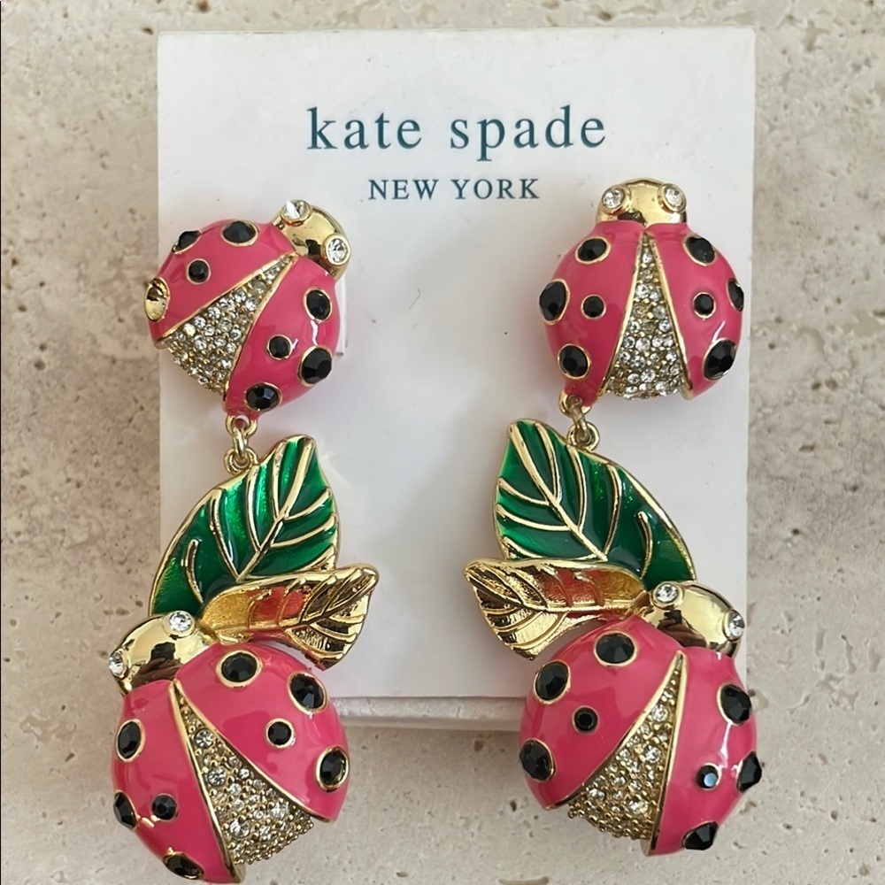Kate Spade Pink Ladybug Green Leaf Crystal Stud Earrings Gift